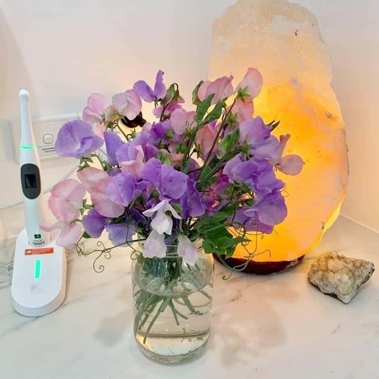 flowers and salt lamp